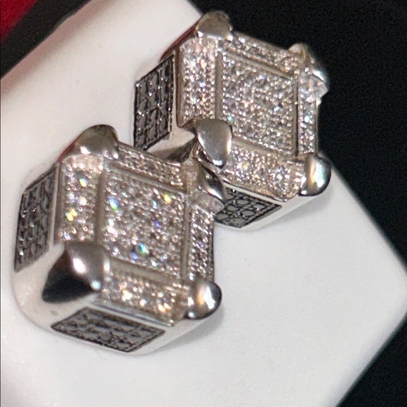 Silver Square CZ Stud Earrings - Picture 3 of 8